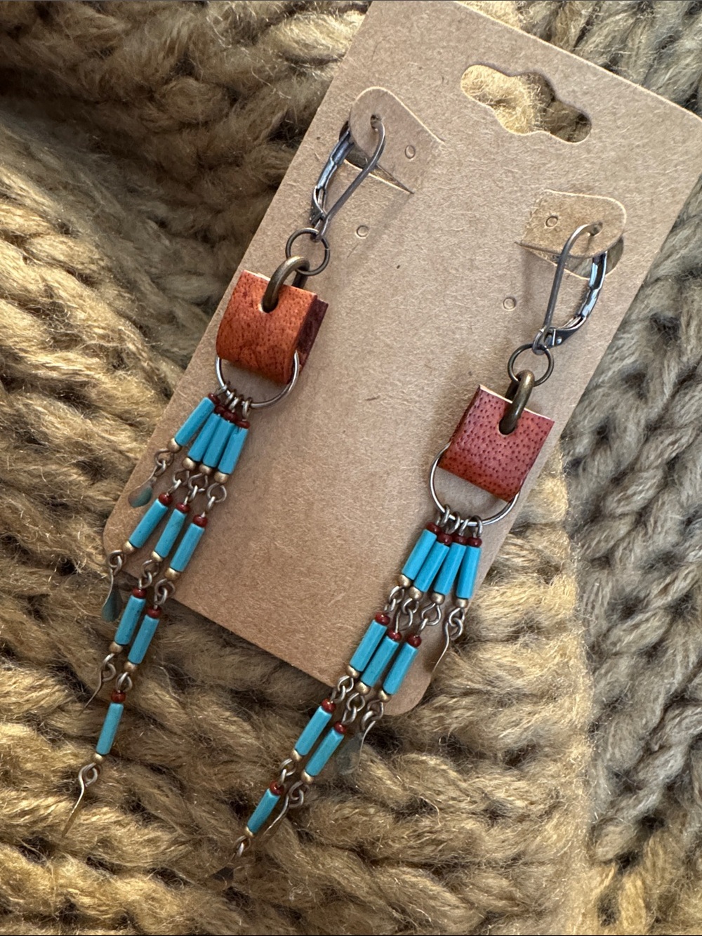 Handmade Turquoise Beaded and Genuine Leather Dangle Fringe Earrings